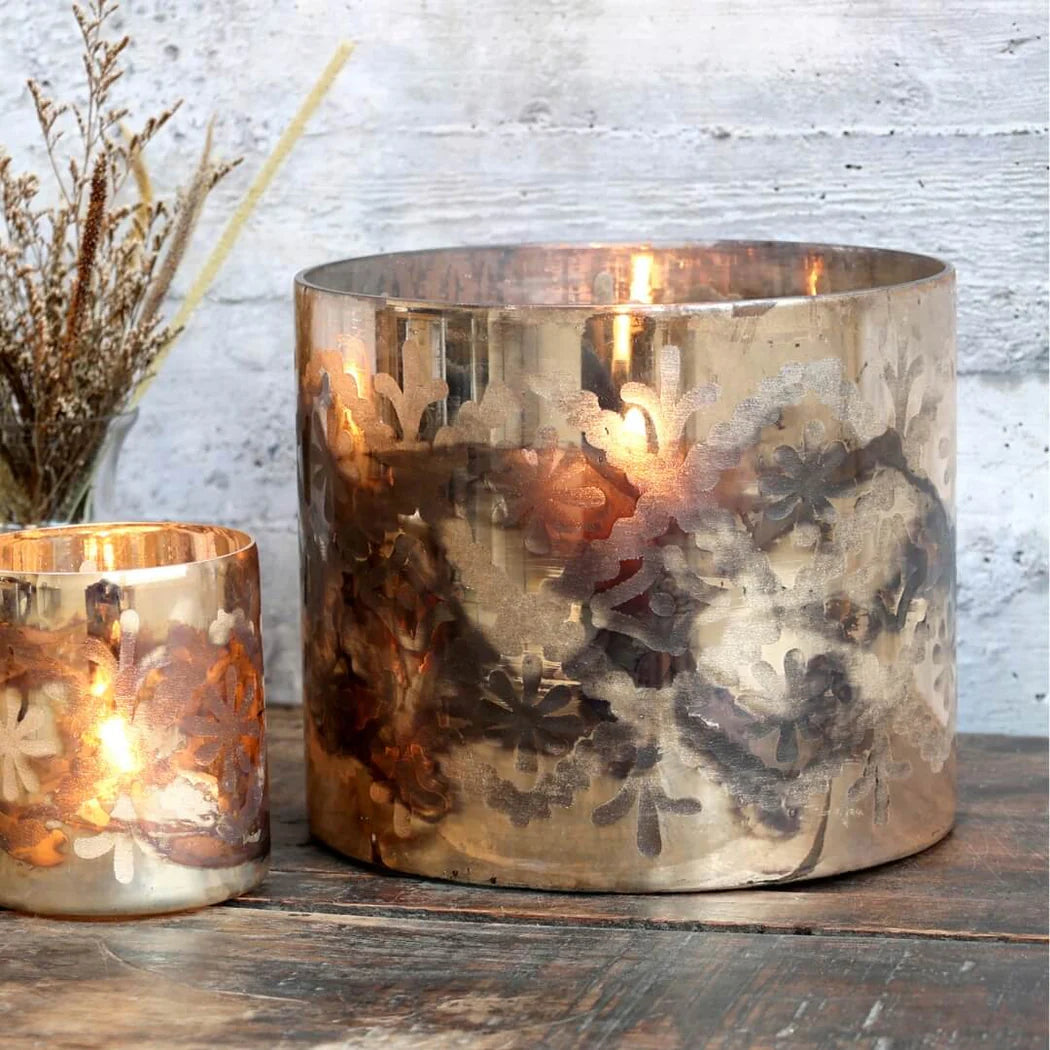 Large Etched Hurricane Lantern — Golden Mocha
