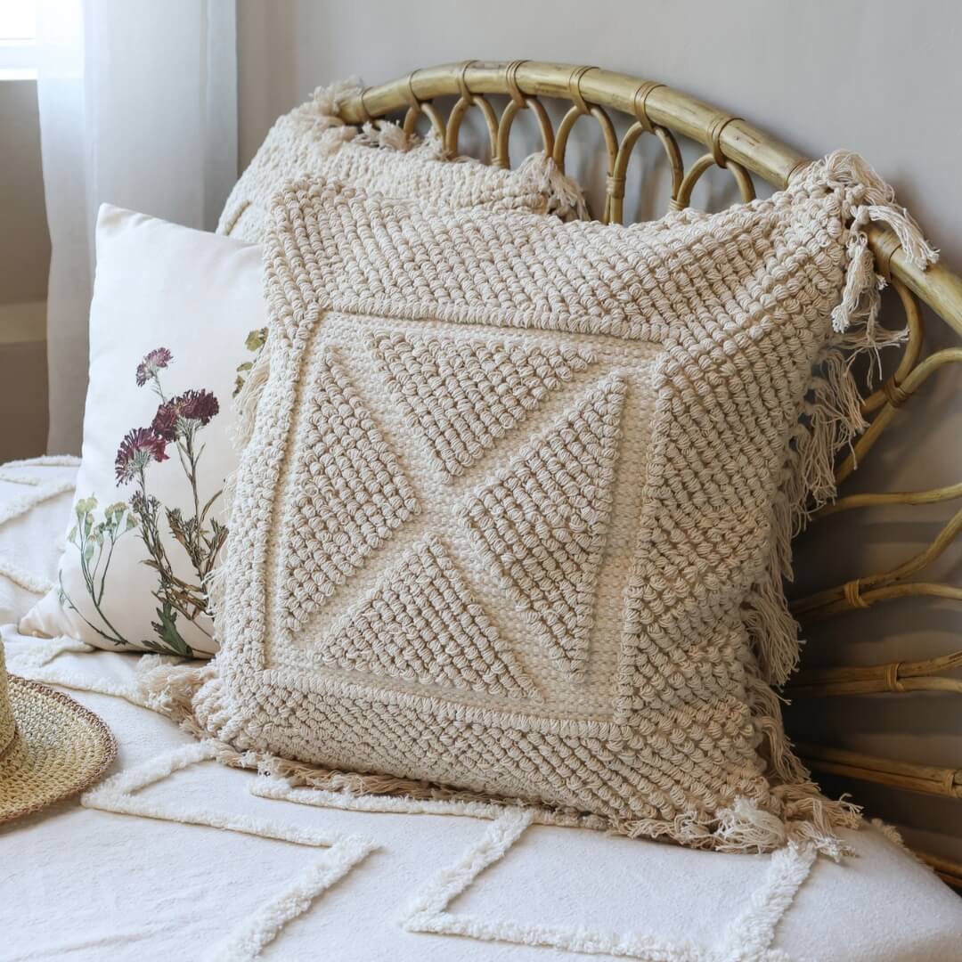 Off-White Tufted Cushion Cover with Fringe