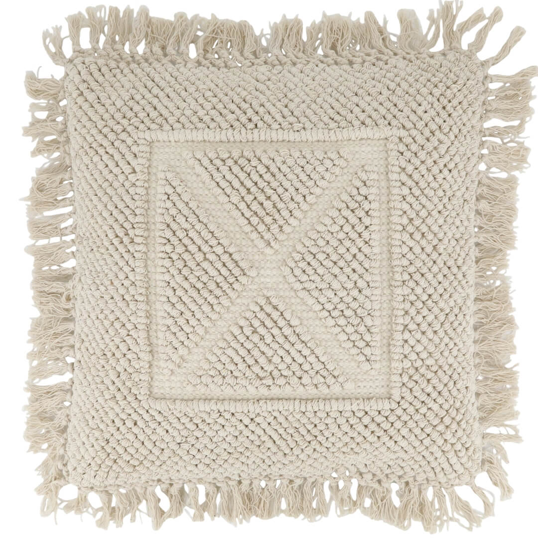 Off-White Tufted Cushion Cover with Fringe